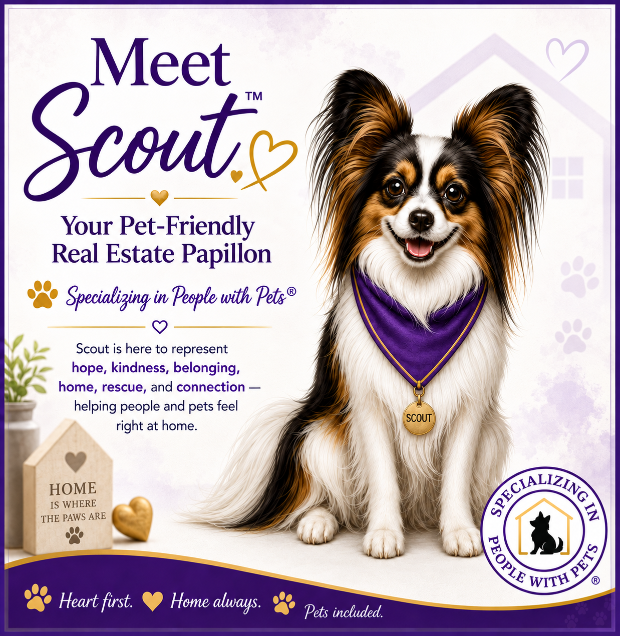 Meet Scout™, Kelly's tri-color Papillon mascot in a purple bandana