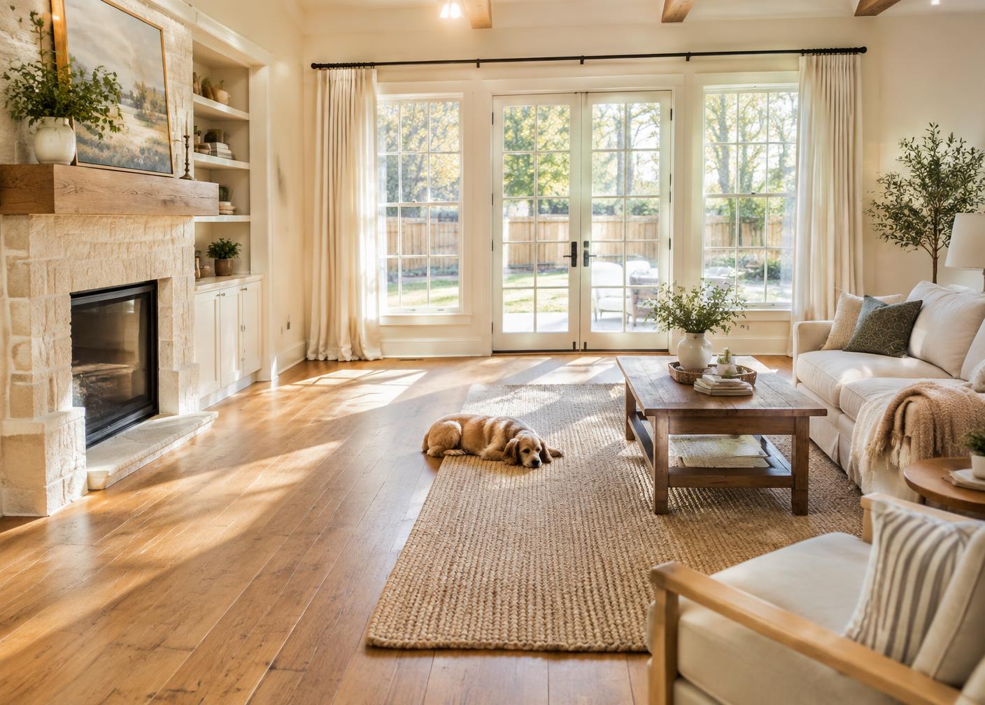 Sunlit living room with hardwood floors and french doors to a fenced yard