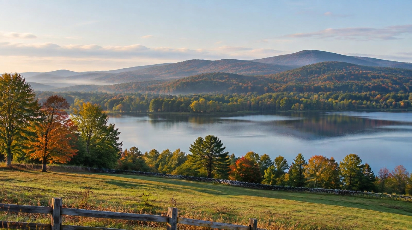 Southern New Hampshire lake and wooded hills in autumn